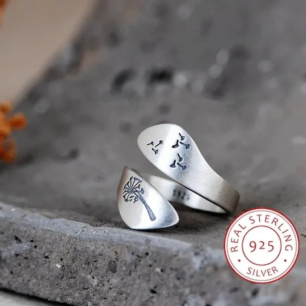 Dandelion Flower Ring Sterling Silver 925 Bypass Adjustable - New with Gift Box